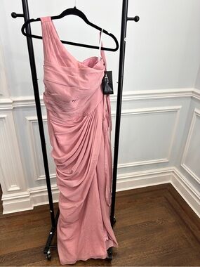 One-Shoulder Pink Draped Evening Gown